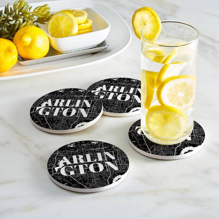 Love Local - Wholesale Coasters - Minimalistic B&W Texas Arlington Map | Absorbent Coasters | Set of 4 | Min 21