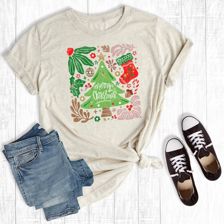 Boho Retro Merry Christmas Tree Graphic Tee for wholesale by The Way Down South