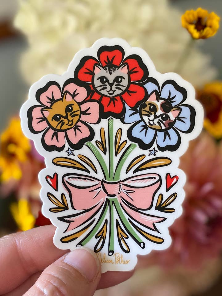 Kitten Sticker, Cat Sticker, Flower Bouquet, Kids Sticker for wholesale by Melissa Pothier Art