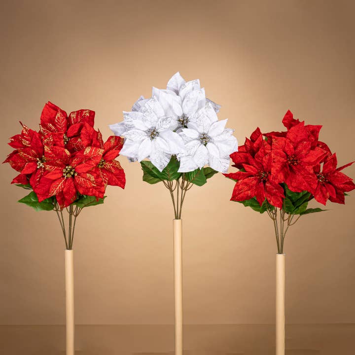 The Gerson Companies - Wholesale Artificial Flowers - Gerson Company 21.5"H Velvet Poinsettia Bush x 5, 3 Asst