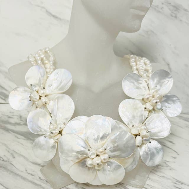 Mother of Pearl & Freshwater Pearl Floral Statement Necklace for wholesale by Anita K By Blushing Pink