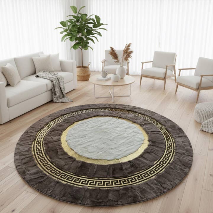 Brown and White Rabbit Fur Round Rug, Luxury Gold Border Circle Rug, for wholesale by Karelias And Sons