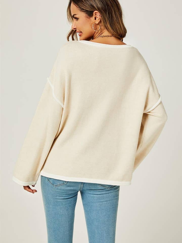 FS Collection (Germany) - Wholesale Knit Sweater - Women's - White Striped Oversized Jumper Top In Beige5