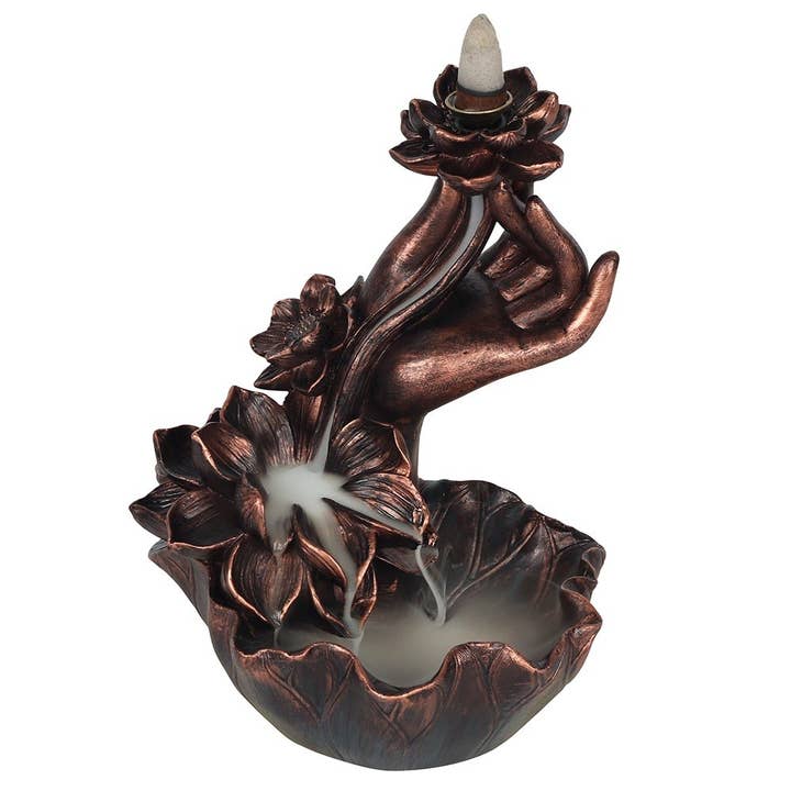 Something Different Wholesale - Wholesale Incense Holder - Bronze Effect Hand with Flower Backflow Incense Burner