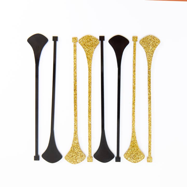 Black and Gold Dart Mid Century Modern Acrylic Drink Stirrer for wholesale by Mod Lounge Paper Company