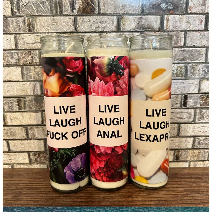 Live Laugh Life Adult Candles for wholesale by Flaming Feminist