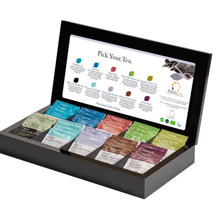 Black wooden gift box with 10 types (50x) organic stitched S for wholesale by Solaris Tea / Good Earth Goods e.K.