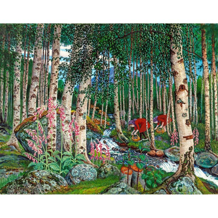 Reproduction d'art vintage de la forêt | Gants de renard | Femmes cueillant des baies | Art mural arbre et nature | Beaux-arts Nikolai Astrup pour la vente par Rock Paper Scissors Wall Art