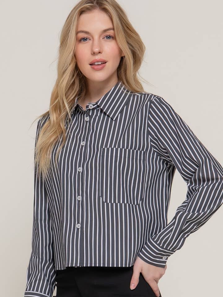 Long Sleeve Button Down Stripe Poplin Shirt for wholesale by Active Basic | Active USA