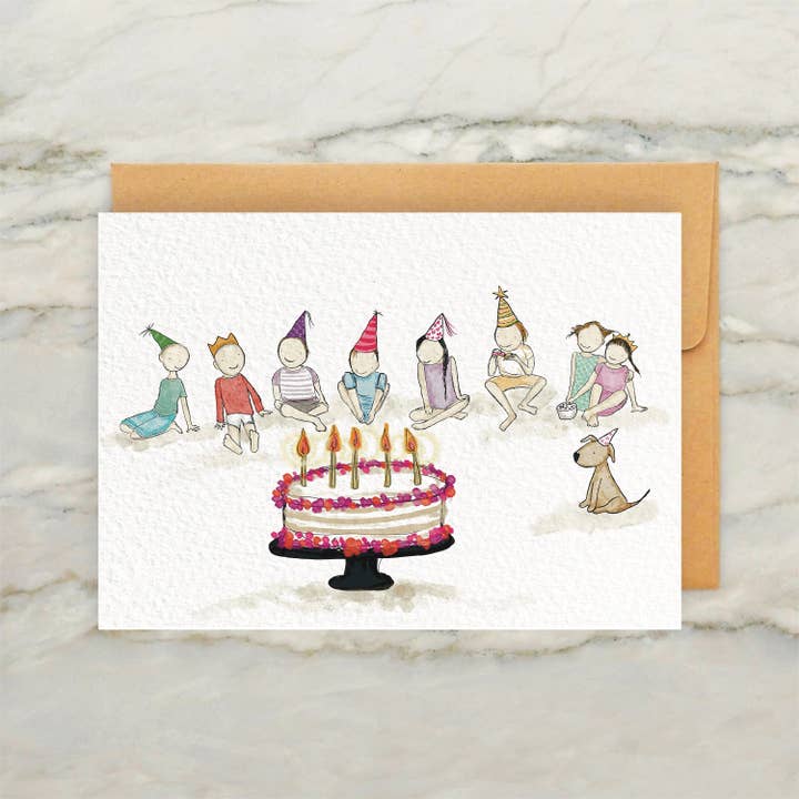 Gaggle of Children and Huge Cake Birthday Card 4x5" for wholesale by Hudson Illustration Co - About Town Co