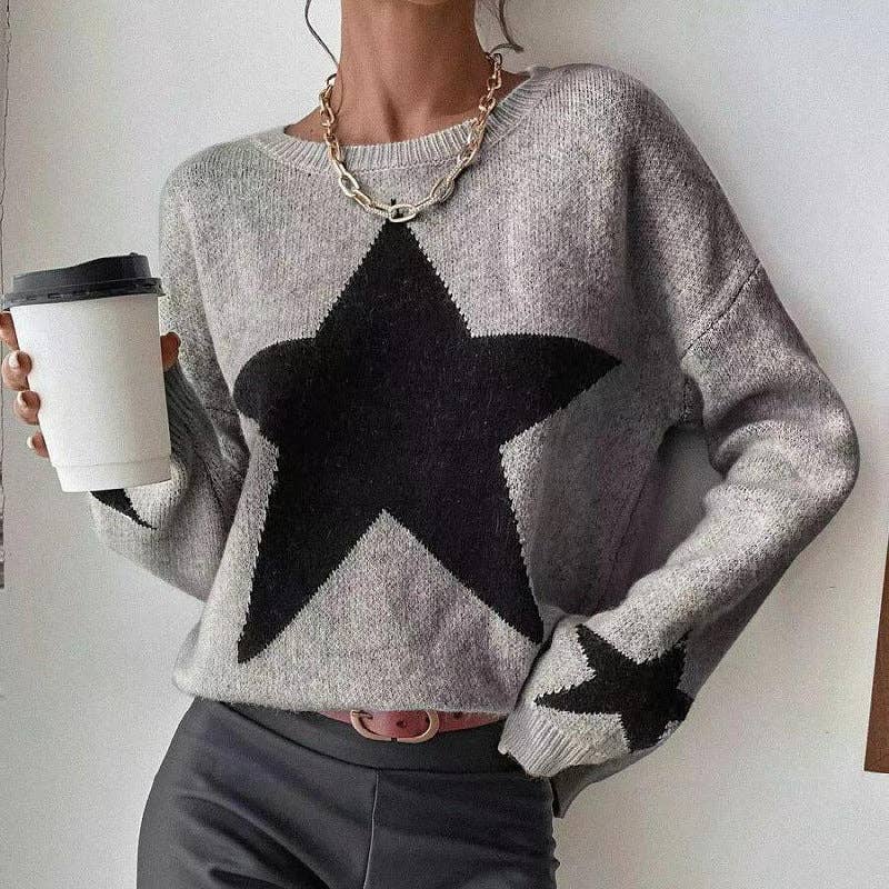 Dipped Shop - Wholesale Knit Sweater - Women's - Round Neck Star Jacquard Pullover Sweater DPT14272