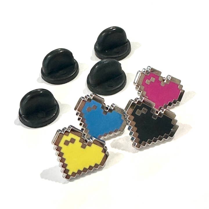 CMYK Mini Filler Pixel Art Heart Enamel Pins for wholesale by Ollybits Pixel Art