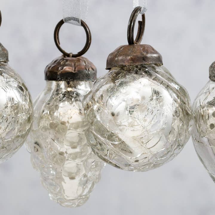 Bollywood Christmas - Wholesale Ornament Set - Set of 6 Small Mixed design 1" Silver Crackle Glass Baubles2