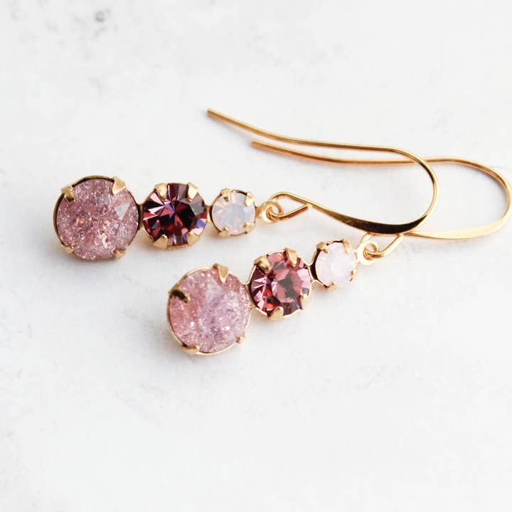 A Pocket of Posies - Wholesale Dangle Earrings - Vintage Glass Earrings - Three Jewel - Dusty Rose Plum
