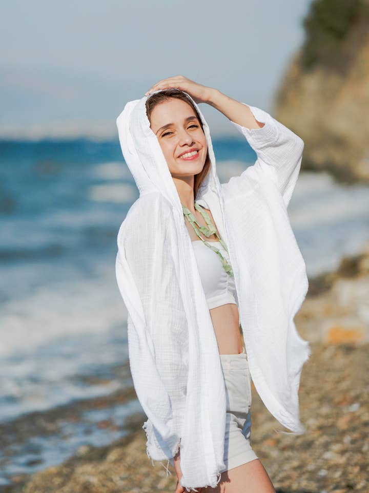 Moa - Wholesale Robe - Women's - Evil Eye and Moon Double Gauze White Hooded Robe