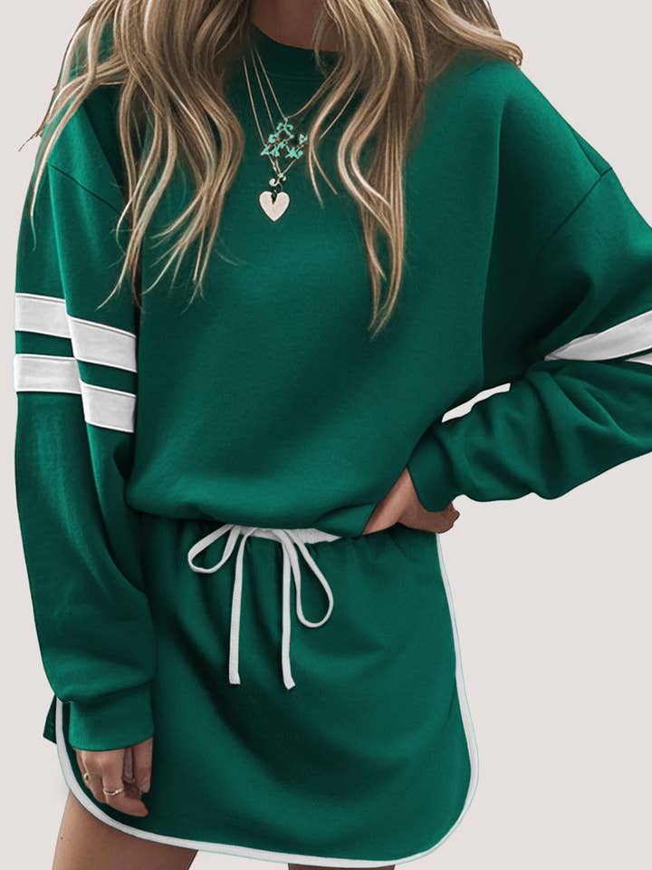 Varsity Stripe Drop Shoulder Pullover Skirt Set (S-4X) for wholesale by 66DISCO