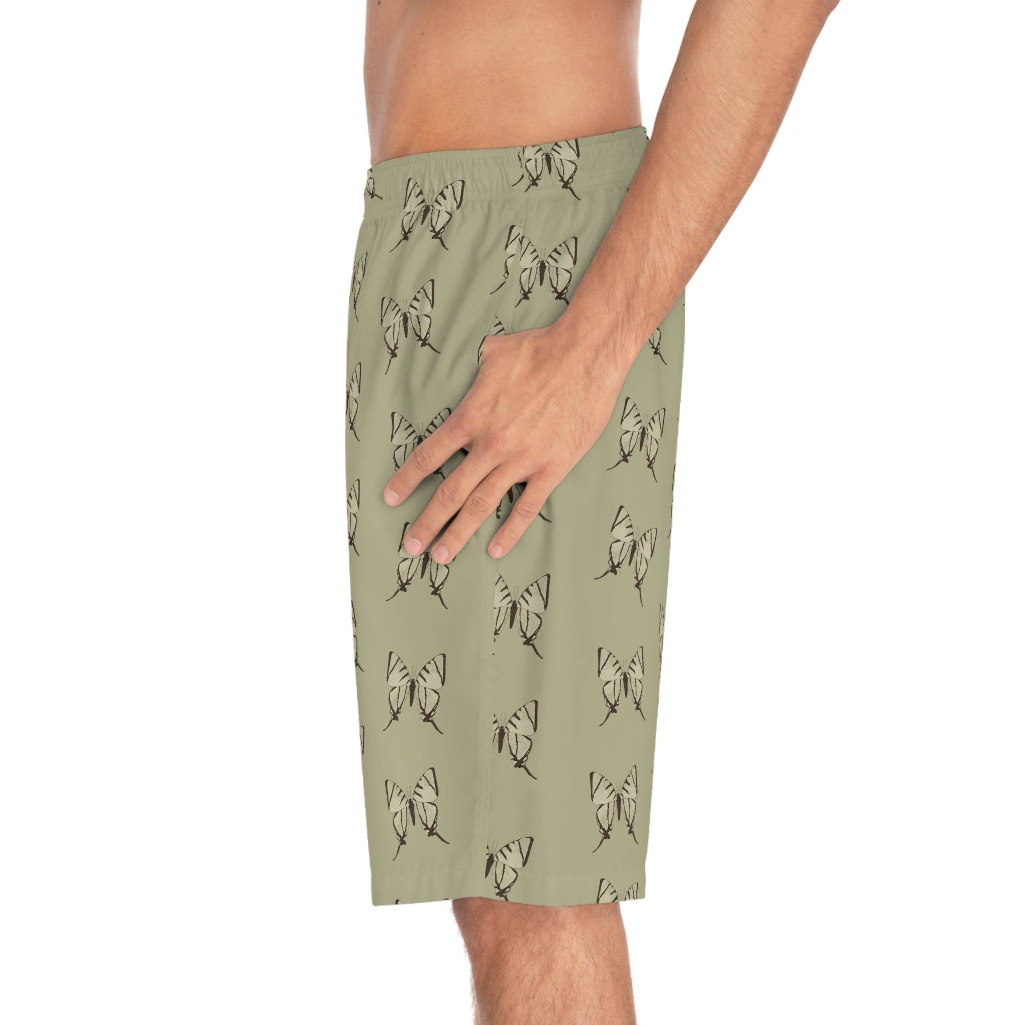 Seam thread color automatically matched to design Butterfly Khaki Men's Board Shorts for wholesale on Faire4