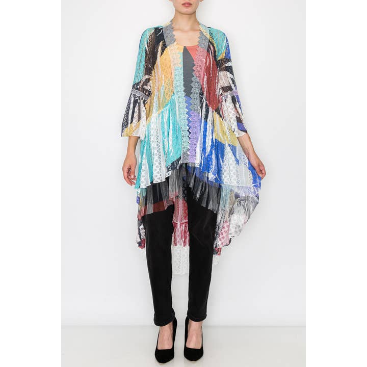 BOHEMISK HELSPETSLÅNG HI LOW KOFTA-4508 IVORY/NK GEO för wholesale av Origami Apparel ~ Lace and Crochet inspired