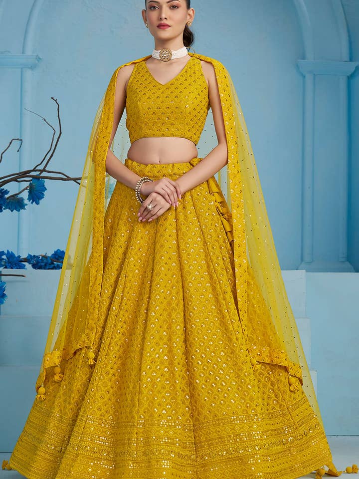 Mosterdgele Georgette Lehenga Choli voor Indiase & Pakistaanse Bruiloft Festival - Pailletten & Draad Borduurwerk voor wholesale door HATKE BRIDE