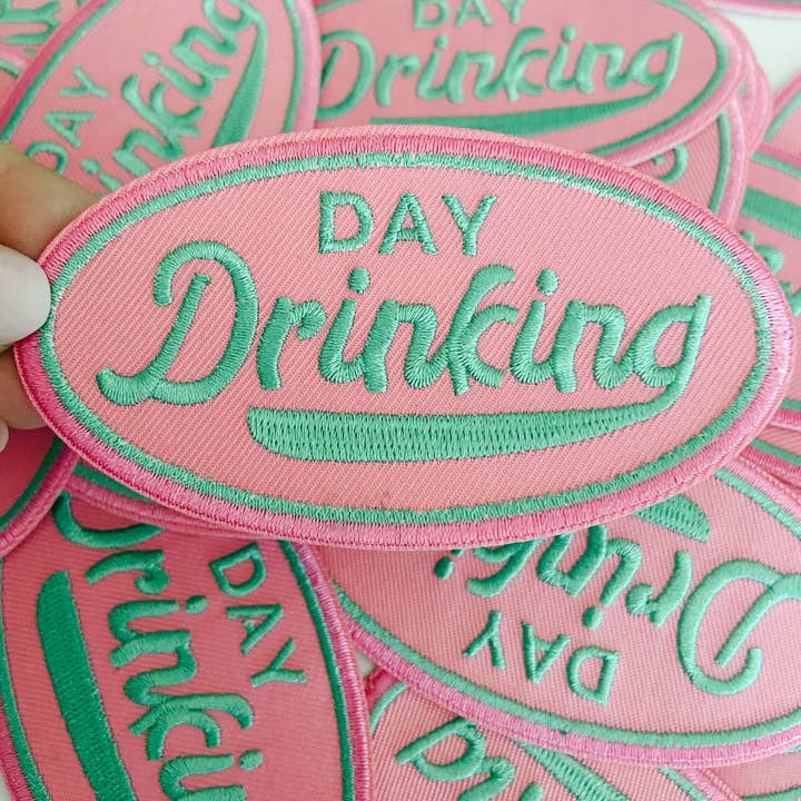TEELUX - Wholesale Patch - 4" Day Drinking in Pink and Teal - Embroidered Hat Patch (Version 2)