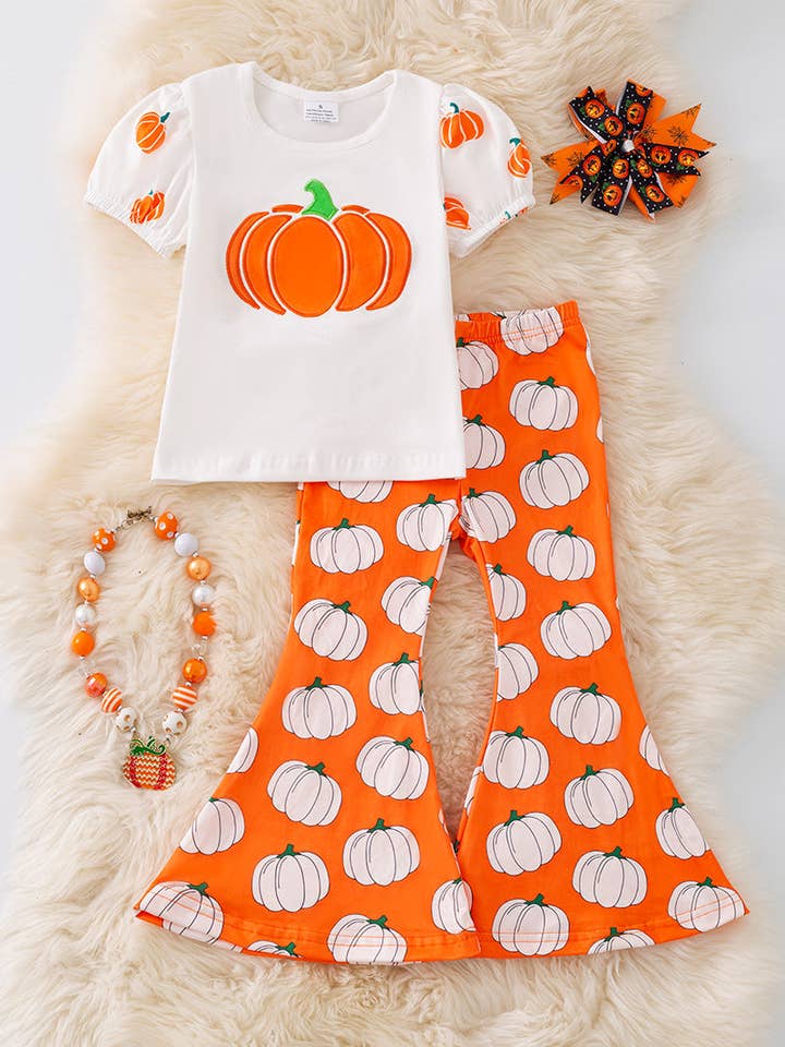 Pumpkin printed top and bell bottoms. OFG51245 SOL for wholesale by Kids Charm Online