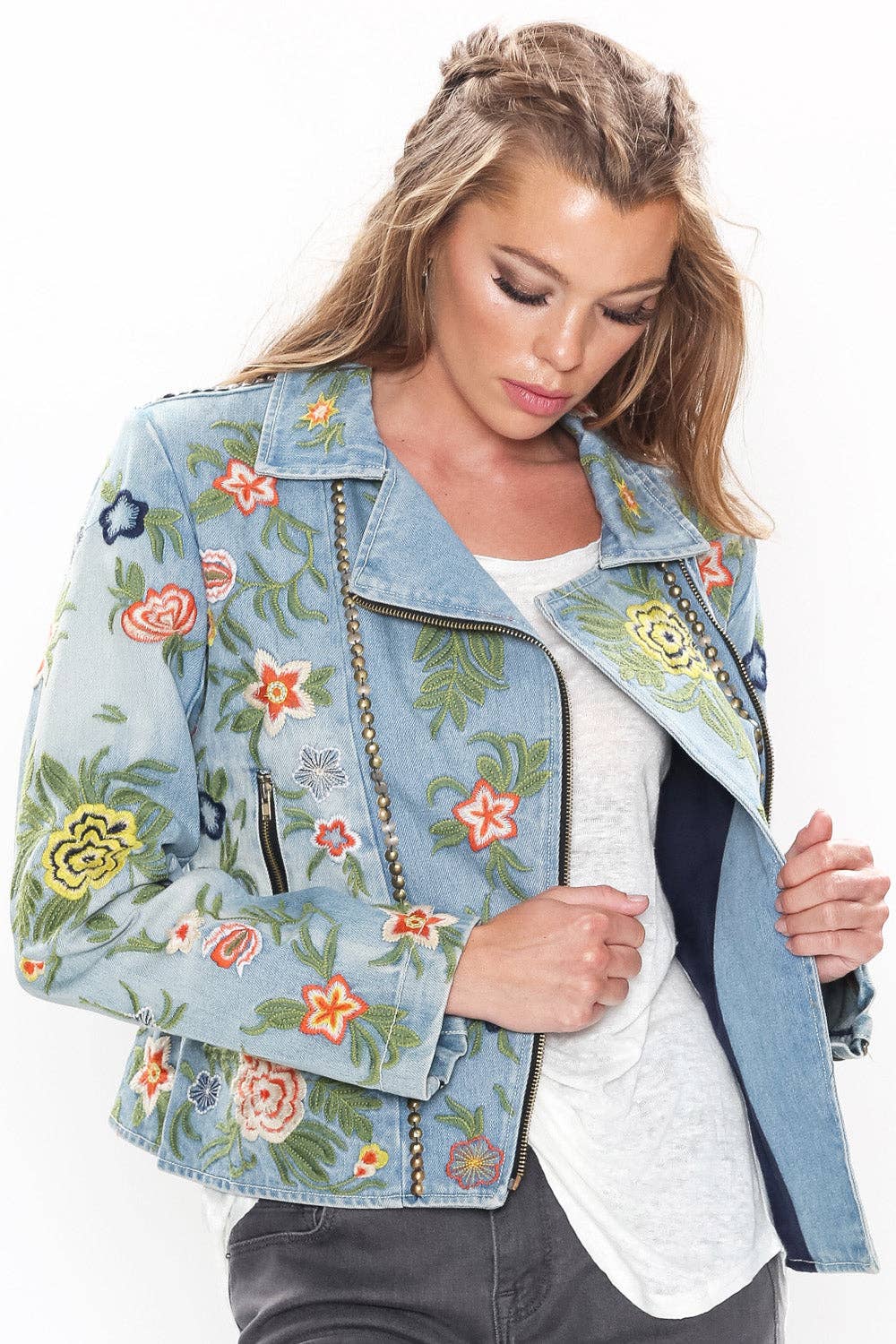Lucinda Embroidered Denim Motorcycle Jacket for wholesale on Faire28
