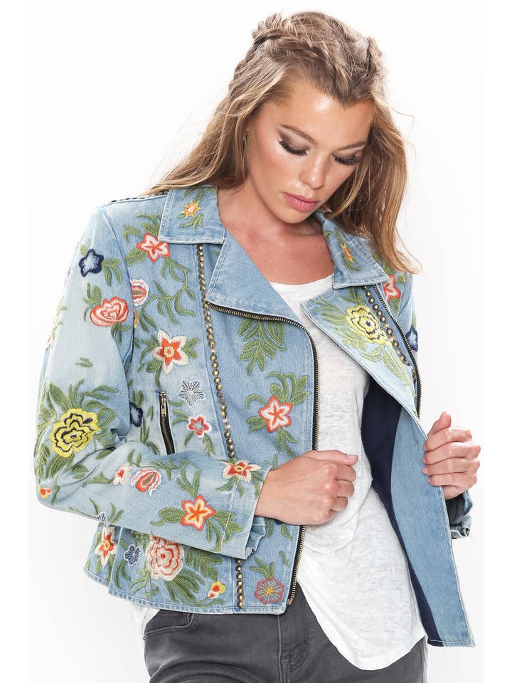 Lucinda Embroidered Denim Motorcycle Jacket for wholesale on Faire28