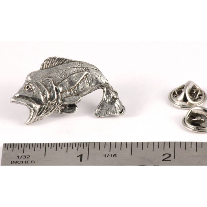 Creative Pewter Designs - Wholesale Lapel Pin/Button - Peacock Bass Fish Leaping Pewter Lapel Pin or Magnet F095