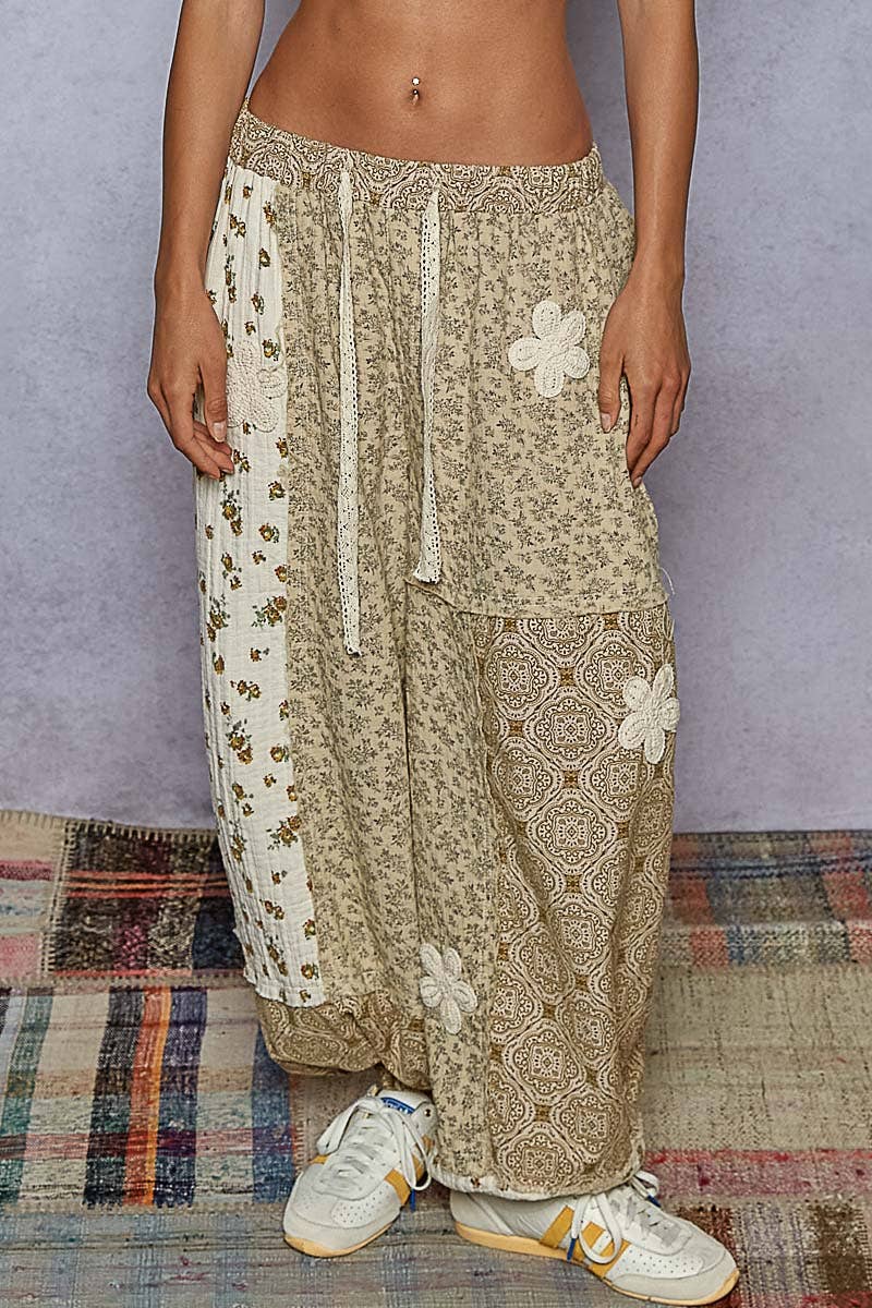 Pol Clothing - Wholesale Pants - Women's - Crochet patch detail contrast patchwork printed woven pants28