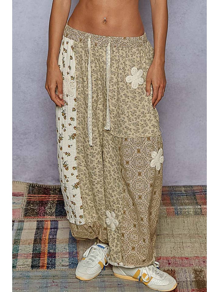 Pol Clothing - Wholesale Pants - Women's - Crochet patch detail contrast patchwork printed woven pants28