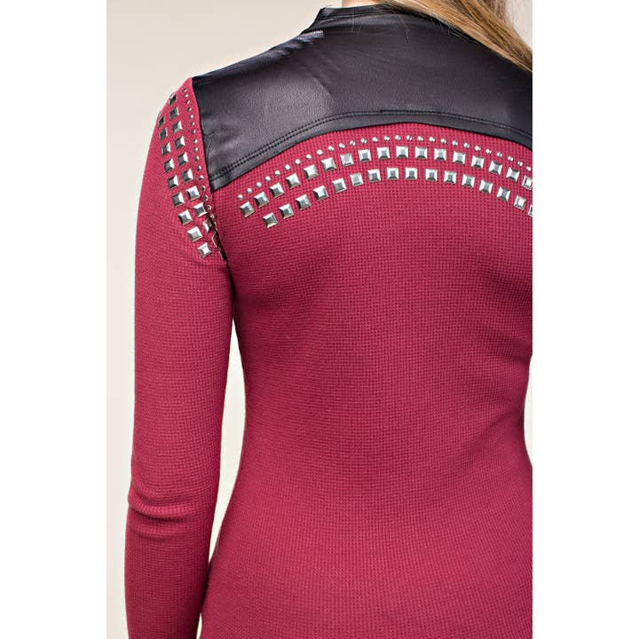 BURGUNDY FAUX LEATHER BIKER JACKET WITH STUDS for wholesale on Faire5