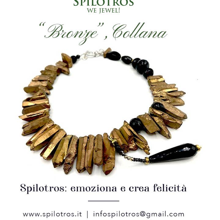 “Bronze”, Necklace in Golden Water, Onyx, Zirconia and Pyrite. for wholesale by spilotros