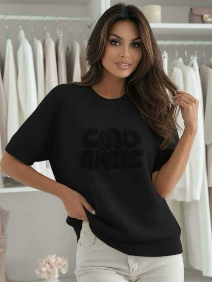 'Ciao Amore' Kortærmet Alpaca-blanding Let Strikket Sweater Top-Sort for engroshandel hos Catwalk Wholesale