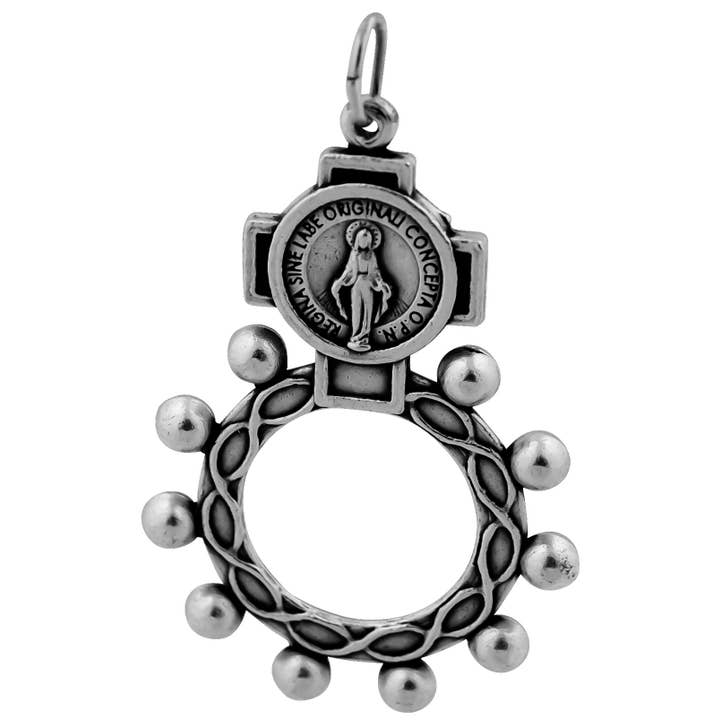 Village Gift Importers - Wholesale Band/Stacked Ring - 2" Solid Metal Rosary Ring with Engraved Miraculous Medal