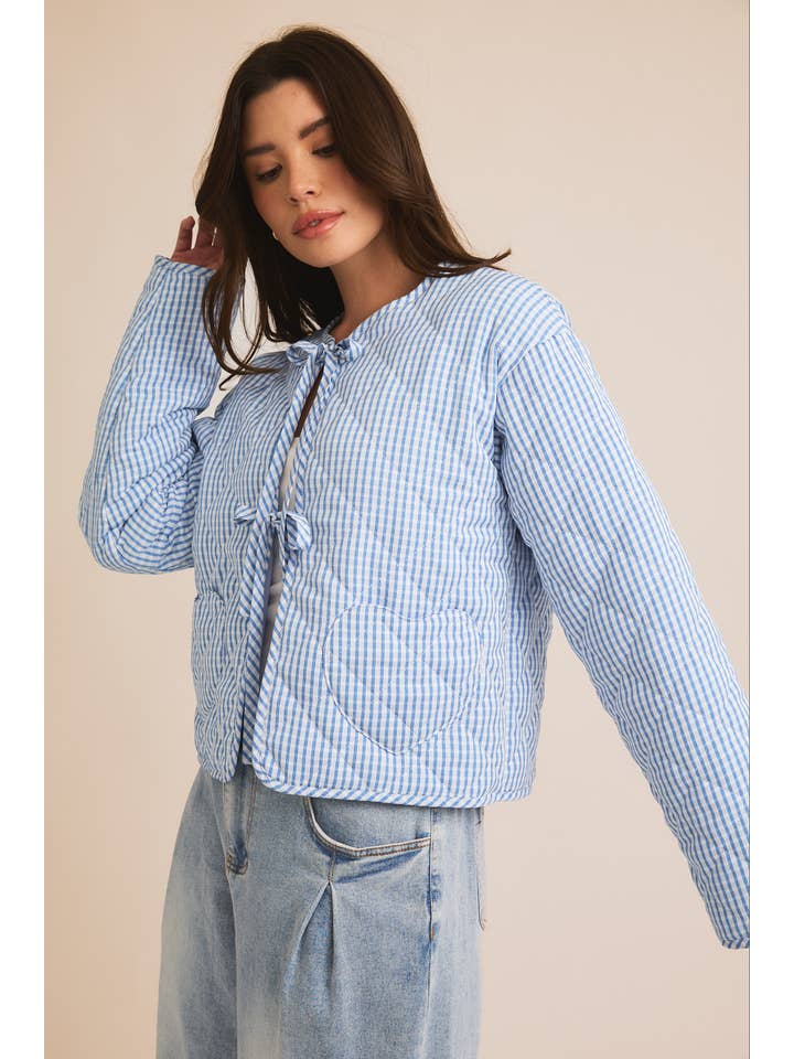 BLUE WHITE GINGHAM FRONT TIE QUILT JACKET for wholesale on Faire