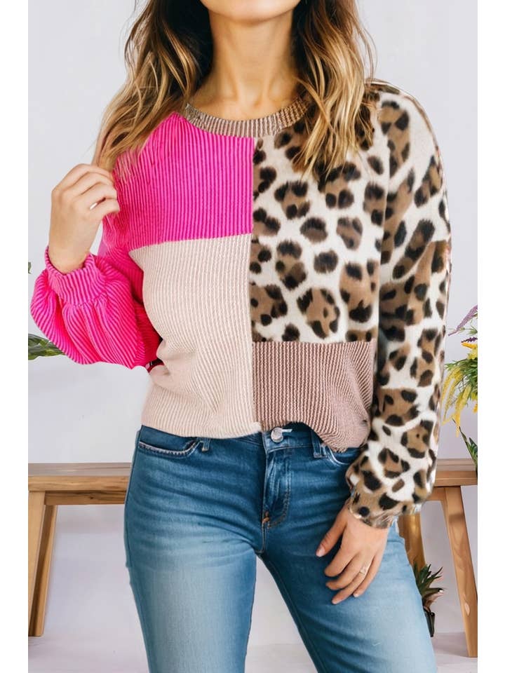 Multi Colored Plus Size Twisted Ribbed Colorblock Leopard Patchwork Top for wholesale on Faire0