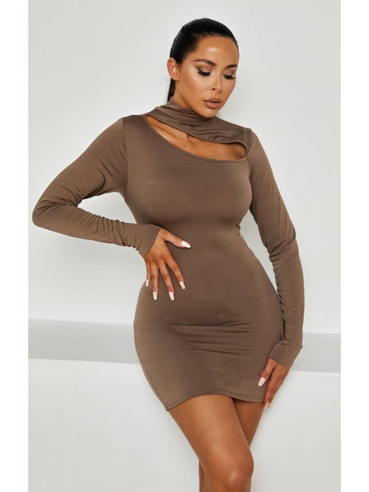 Femme Luxe - Vendita all'ingrosso Vestito - Donna - Mini abito aderente a maniche lunghe con scollo alto color moka - Rev