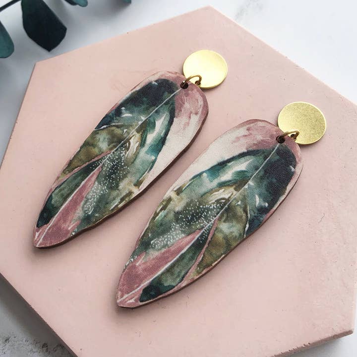 Calathea Stromanthe Triostar Plant Drop Earrings for wholesale by MicaPeet