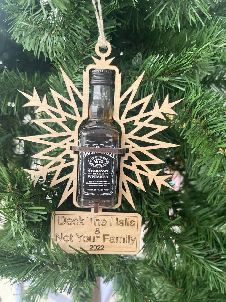 Deck The Halls and Not Your Family Funny Mini Bottle Ornament for wholesale by BUBBLEHEAD INK