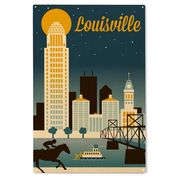 WOOD SIGN ART Louisville, Kentucky, Retro Skyline for wholesale by Lantern Press