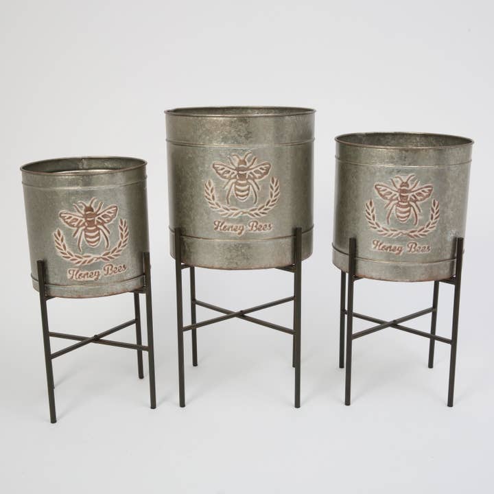 Discount S/3 Galvanized Metal Embossed "Honey Bees" Planters for wholesale by The Gerson Companies