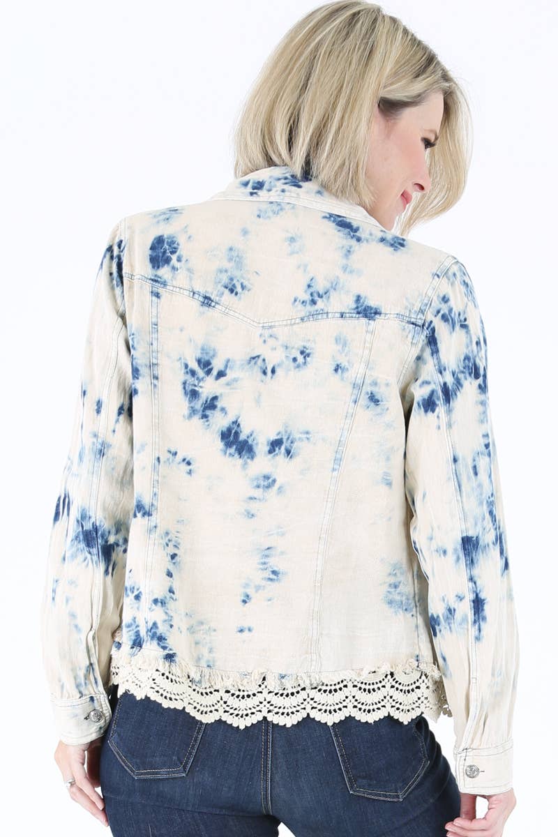 E2T83-ASIS BLEACH TIE DYE WASH DENIM JACKET WITH LACE HEM for wholesale on Faire6