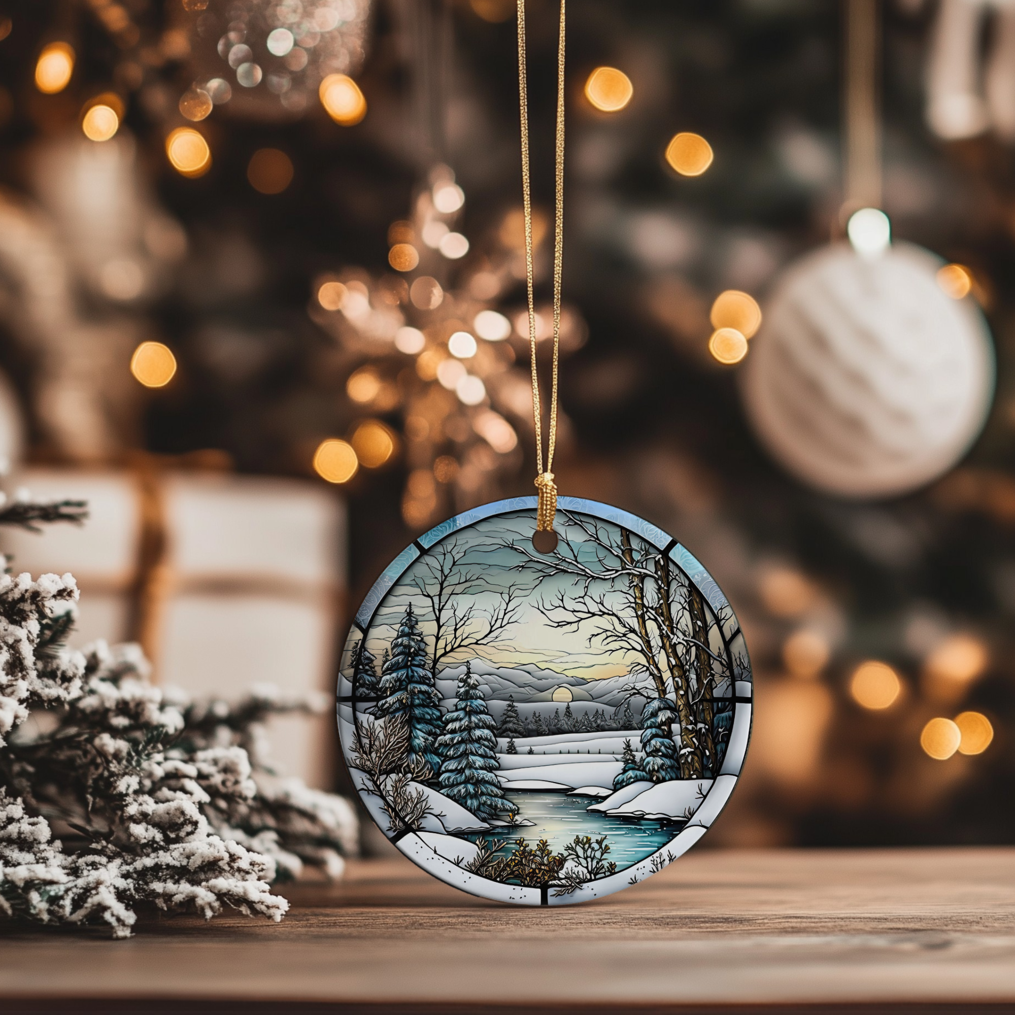 Fernville Creations - Vente Objets de décoration - Ornement en céramique scène d'hiver avec image en vitrail3