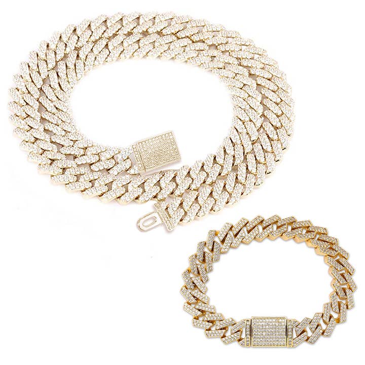 Iced Out Cuban Link Necklace & Bracelet Set with Box Clasp (15mm, Gold) for wholesale by EMESLY
