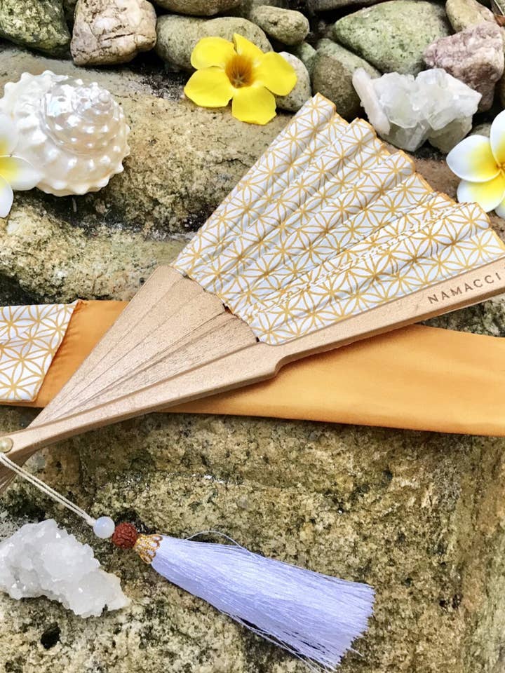 White Flower Of Life Sacred Geometry Silk Handfan For Inspir for wholesale by Namacci