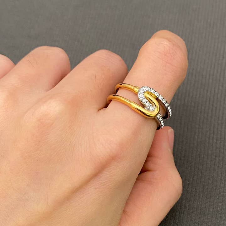 Mio Queena - Wholesale Multi-Stone Ring - Cubic Zirconia Two Tone 18K Gold Plated S.Steel Ring - FGS3