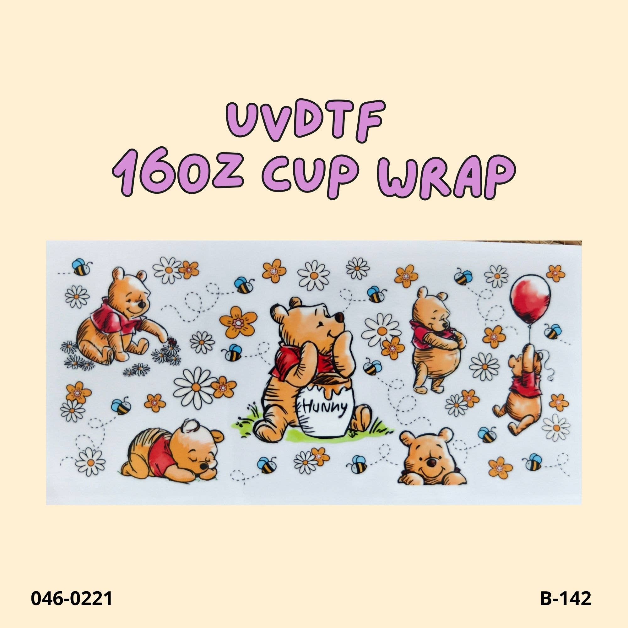 Weavey Studio - Wholesale Sticker - UVDTF cup wrap handdrew winnie the pooh floral 16 oz glass0