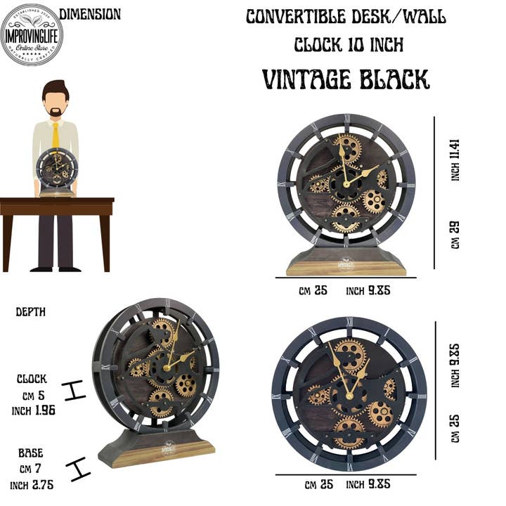 The Gears Clock - Wholesale Desk Clock - CANADA LINE DESK/WALL CLOCK 10 INCH VINTAGE BLACK18