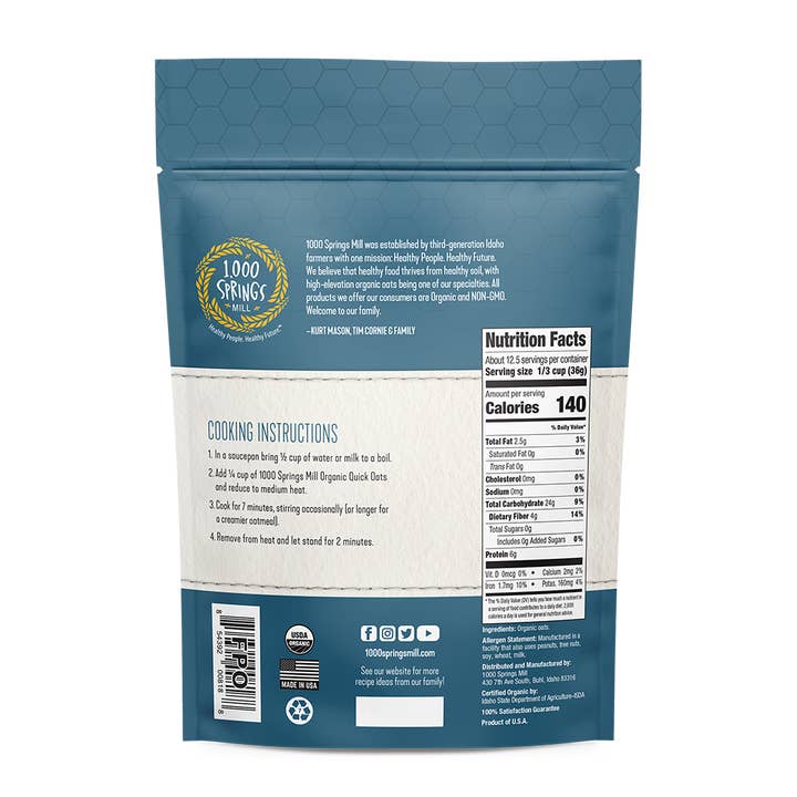 1000 Springs Mill – wholesale Oats – 16 oz. Organic Quick Oats (5 Pack!!!)