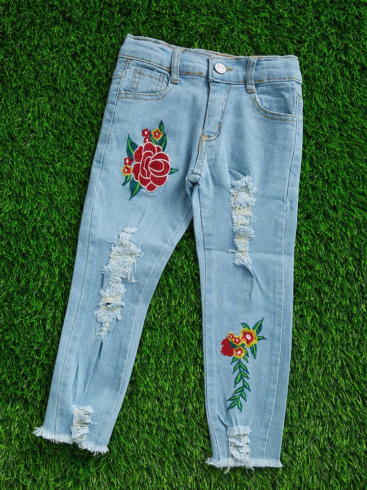 SKINNY FIT DENIM JEANS W/ EMBROIDERED ROSES. PNG251423001-JEANNE for wholesale by Kids Charm Online